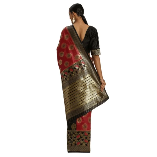 Women's Banarasi silk Saree with Blouse (Red,black, 5-6mtr)
