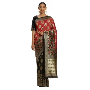 Women's Banarasi silk Saree with Blouse (Red,black, 5-6mtr)