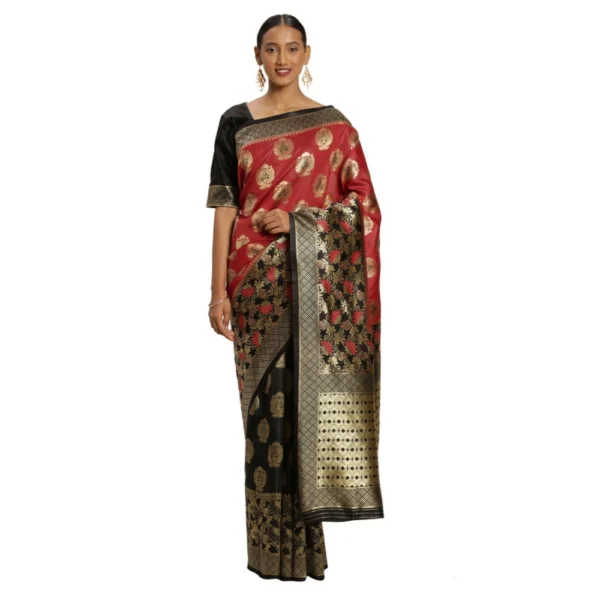 Women's Banarasi silk Saree with Blouse (Red,black, 5-6mtr)