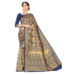 Women's Banarasi silk Saree with Blouse (Navy blue, 5-6mtr)
