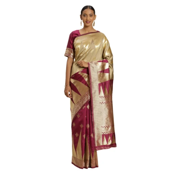 Women's Banarasi silk Saree with Blouse (Purple,beige, 5-6mtr)