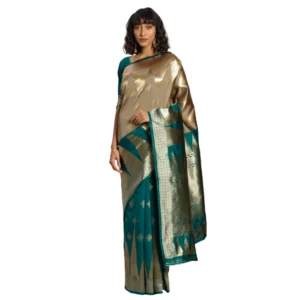 Women's Banarasi silk Saree with Blouse (Green,beige, 5-6mtr)