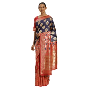 Women's Banarasi silk Saree with Blouse (Red,Navy blue, 5-6mtr)