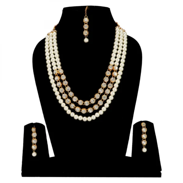 Pearl Traditional Gold Plated Kundan Necklace Set with Maang Tikka