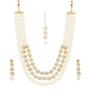 Pearl Traditional Gold Plated Kundan Necklace Set with Maang Tikka