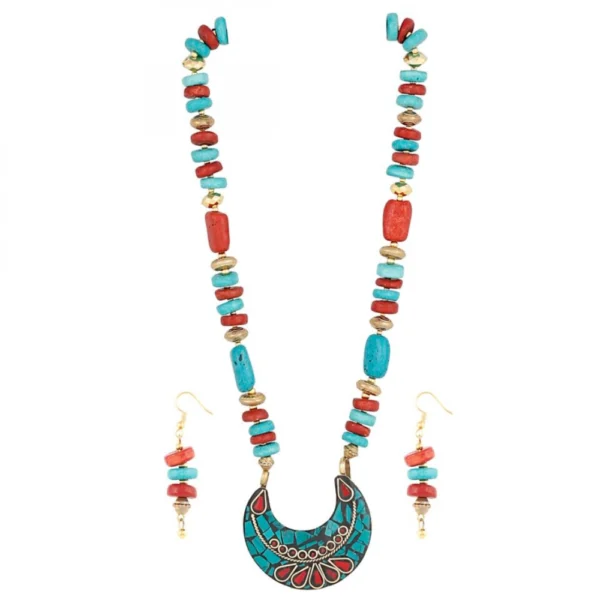 Designer Tibetan Stone Beads Necklace with Earrings