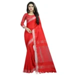 Women's Linen Cotton Blend Saree with Blouse (SilverRed,5-6 mtrs)