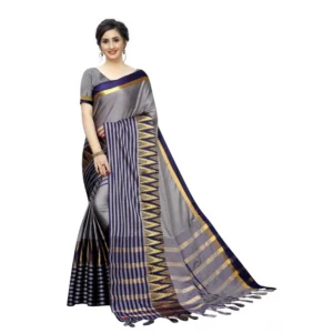 Women's Polyster Cotton Saree with Blouse (GreyBlue,5-6 mtrs)