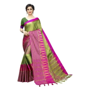 Women's Polyster Cotton Saree with Blouse (GreenPink,5-6 mtrs)