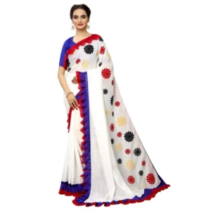 Women's Vichitra Silk Saree with Blouse (White Velvet,5-6 mtrs)