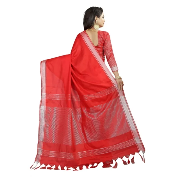 Women's Linen Cotton Blend Saree with Blouse (SilverRed,5-6 mtrs)