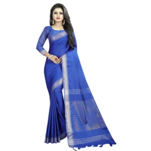 Women's Linen Cotton Blend Saree with Blouse (SilverBlue,5-6 mtrs)