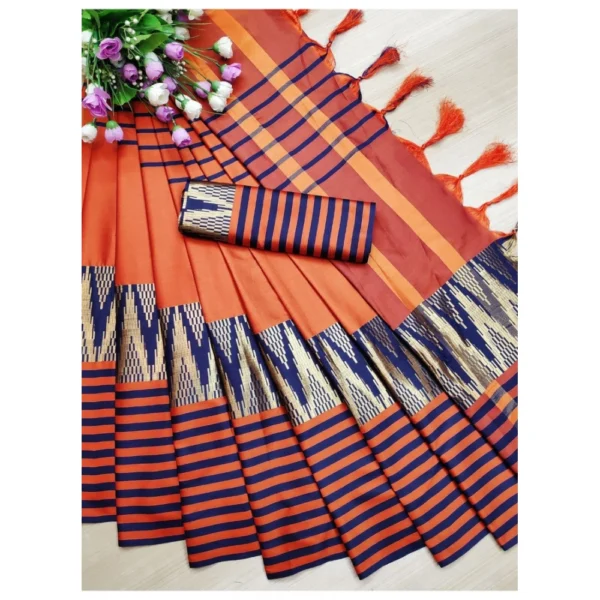 Women's Polyster Cotton Saree with Blouse (OrangeBlue,5-6 mtrs)