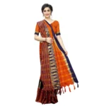 Women's Polyster Cotton Saree with Blouse (OrangeBlue,5-6 mtrs)