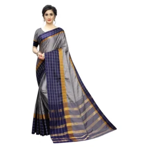 Women's Polyster Cotton Saree with Blouse (GreyBlue,5-6 mtrs)