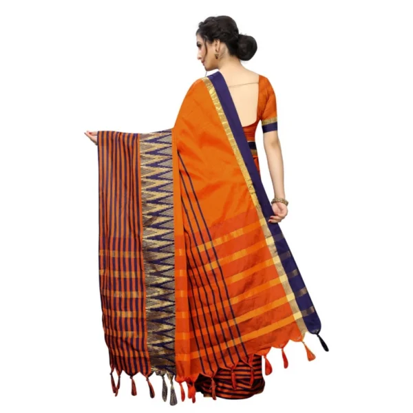Women's Polyster Cotton Saree with Blouse (OrangeBlue,5-6 mtrs)