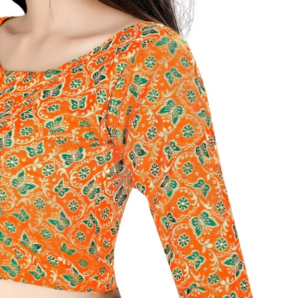 Women's Brocade, Inner-Cotton Full Stitched Padded Blouse (Orange Green)