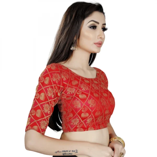 Women's Brocade, Inner-Cotton Full Stitched Padded Blouse (Red)