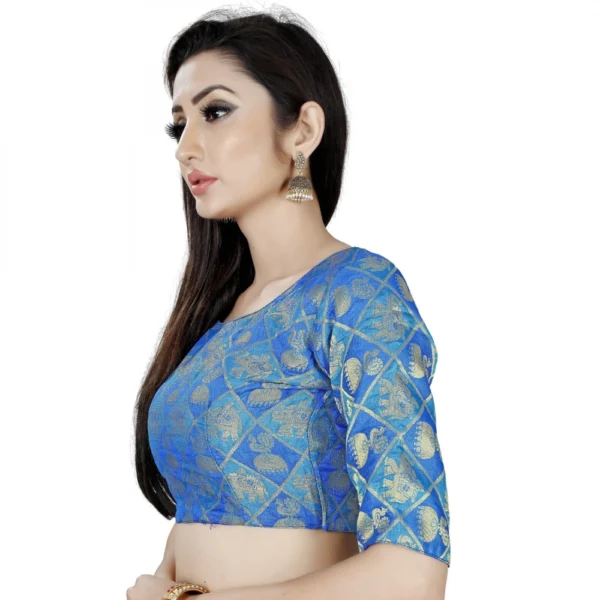 Women's Brocade, Inner-Cotton Full Stitched Padded Blouse (Blue )