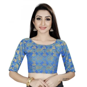 Women's Brocade, Inner-Cotton Full Stitched Padded Blouse (Blue )