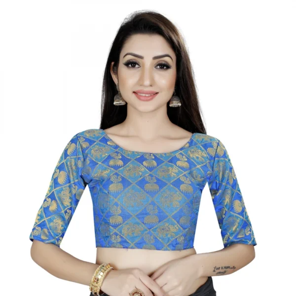 Women's Brocade, Inner-Cotton Full Stitched Padded Blouse (Blue )