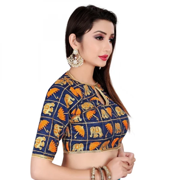 Women's Satin Silk, Inner-Cotton Full Stitched Padded Blouse (Blue Fenta)