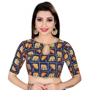 Women's Satin Silk, Inner-Cotton Full Stitched Padded Blouse (Blue Fenta)