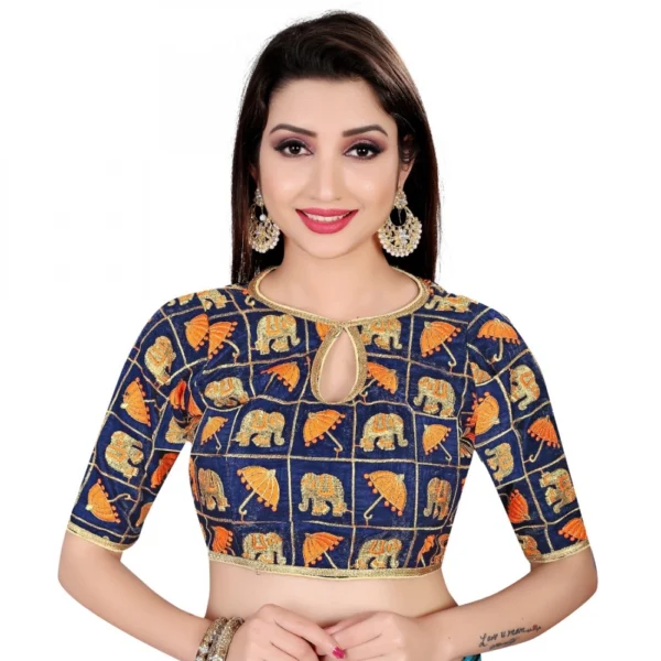 Women's Satin Silk, Inner-Cotton Full Stitched Padded Blouse (Blue Fenta)