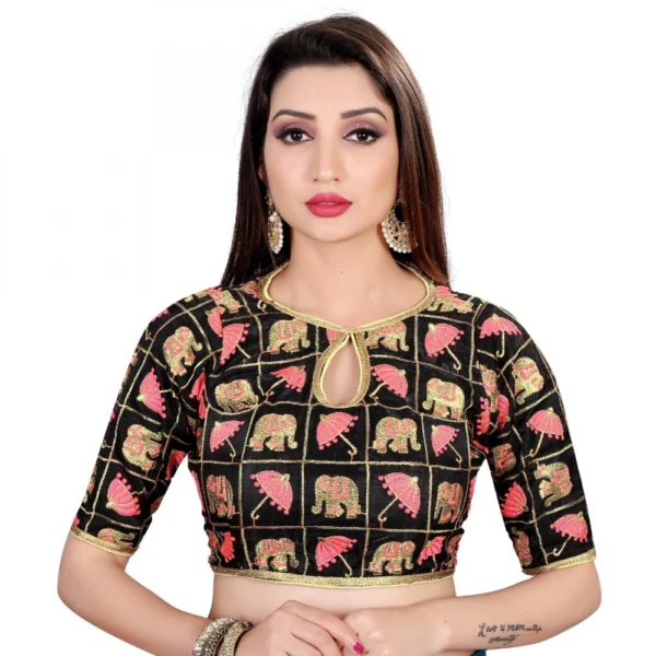 Women's Satin Silk, Inner-Cotton Full Stitched Padded Blouse (Black pink)