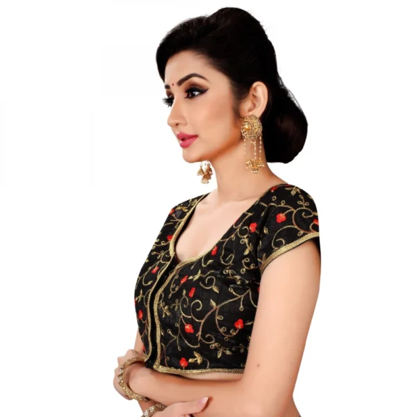 Women's Satin Silk, Inner-Cotton Full Stitched Padded Blouse (Black Red)
