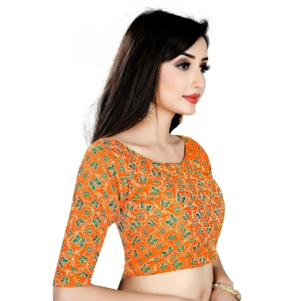 Women's Brocade, Inner-Cotton Full Stitched Padded Blouse (Orange Green)