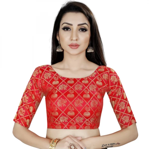 Women's Brocade, Inner-Cotton Full Stitched Padded Blouse (Red)