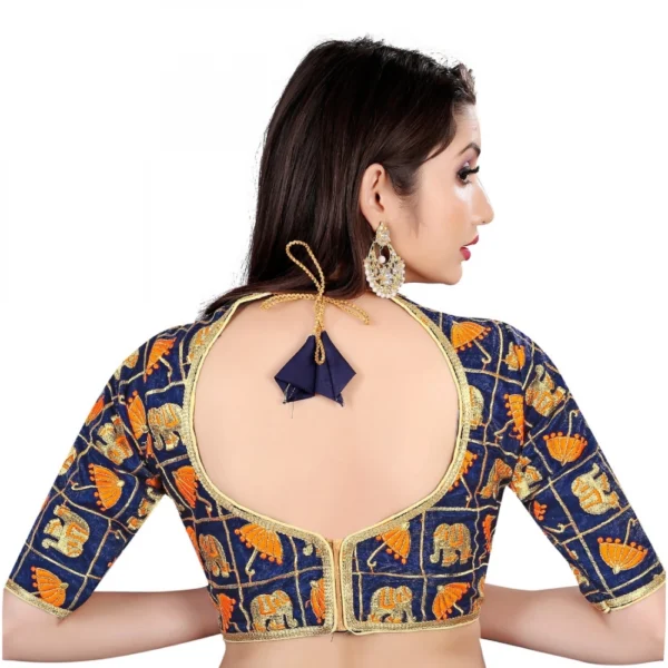 Women's Satin Silk, Inner-Cotton Full Stitched Padded Blouse (Blue Fenta)
