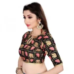 Women's Satin Silk, Inner-Cotton Full Stitched Padded Blouse (Black pink)