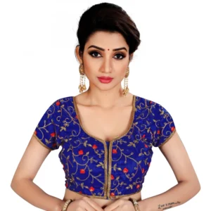 Women's Satin Silk, Inner-Cotton Full Stitched Padded Blouse (Blue)