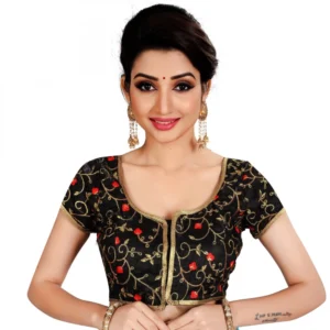 Women's Satin Silk, Inner-Cotton Full Stitched Padded Blouse (Black Red)