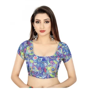 Women's Satin Silk, Inner-Cotton Full Stitched Padded Blouse (Blue multi)