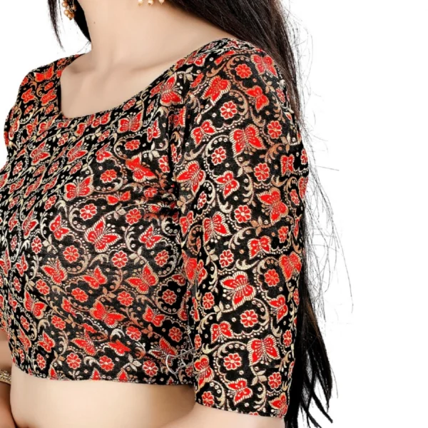 Women's Brocade, Inner-Cotton Full Stitched Padded Blouse (Black Red)