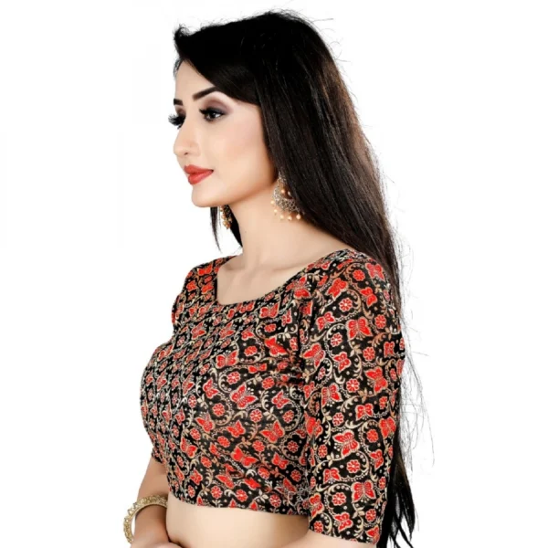 Women's Brocade, Inner-Cotton Full Stitched Padded Blouse (Black Red)