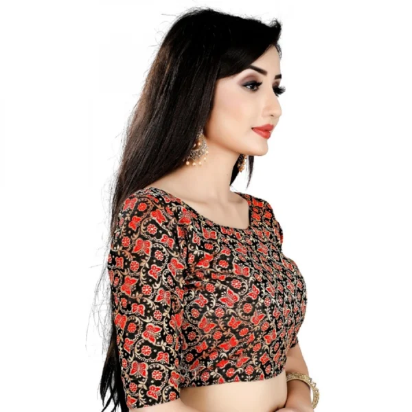 Women's Brocade, Inner-Cotton Full Stitched Padded Blouse (Black Red)
