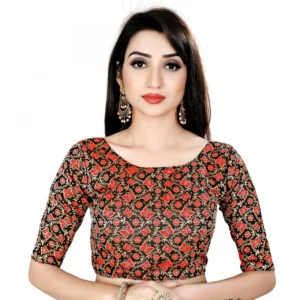 Women's Brocade, Inner-Cotton Full Stitched Padded Blouse (Black Red)