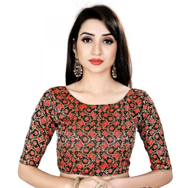 Women's Brocade, Inner-Cotton Full Stitched Padded Blouse (Black Red)
