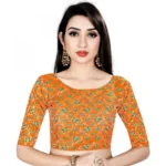 Women's Brocade, Inner-Cotton Full Stitched Padded Blouse (Orange Green)