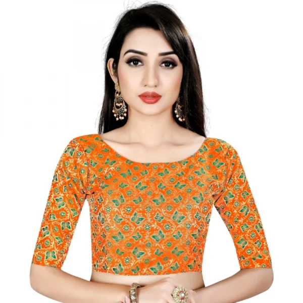 Women's Brocade, Inner-Cotton Full Stitched Padded Blouse (Orange Green)