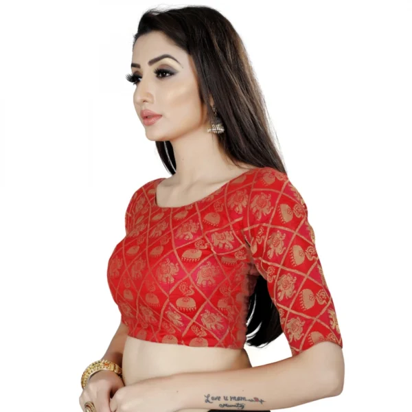 Women's Brocade, Inner-Cotton Full Stitched Padded Blouse (Red)