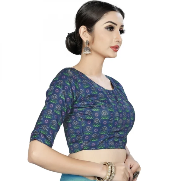 Women's Satin Silk, Inner-Cotton Full Stitched Padded Blouse (Blue )