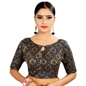 Women's Brocade, Inner-Cotton Full Stitched Padded Blouse (Blue)