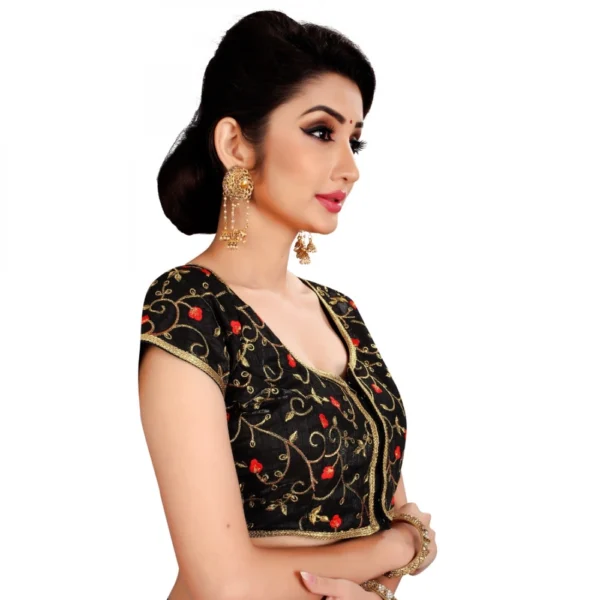 Women's Satin Silk, Inner-Cotton Full Stitched Padded Blouse (Black Red)