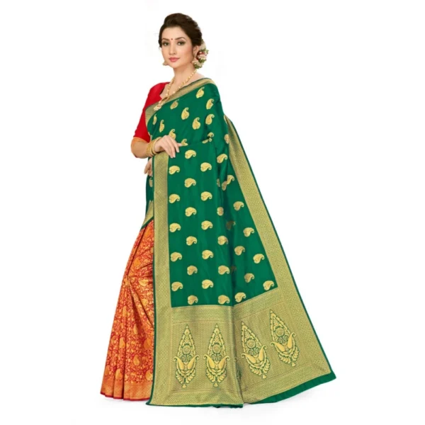 Women's Banarasi Silk Saree (Green,red, 5-6mtrs)