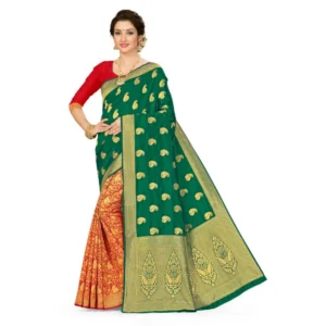 Women's Banarasi Silk Saree (Green,red, 5-6mtrs)